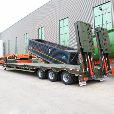 Semi-truck-aanhangwagen met een laag bed met driehoekige/dubbele muntbanden en een platte container